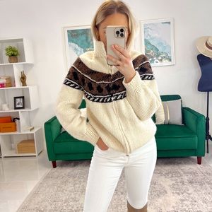 Vintage Wool Oatmeal Zip Up Fair Isle Cardigan